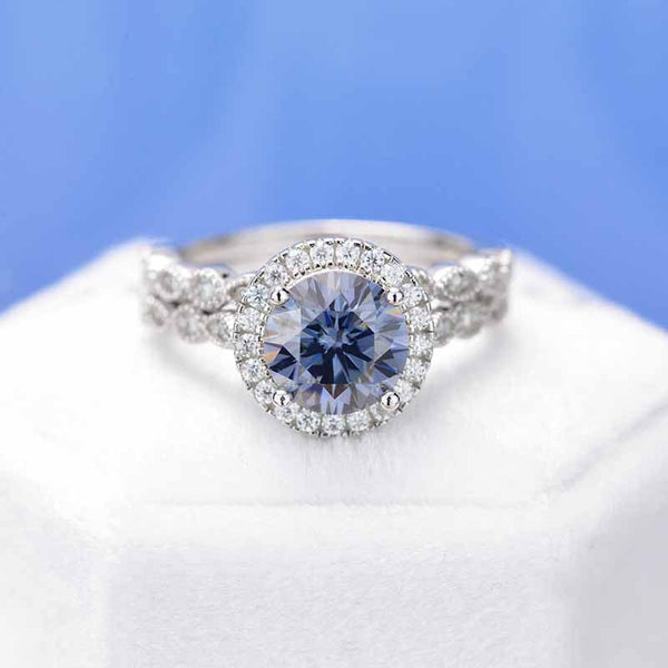 2 Carat Dark Gray-Blue Moissanite Halo  Engagement Eternity Two Rings Set