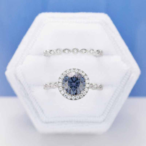 2 Carat Dark Gray-Blue Moissanite Halo  Engagement Eternity Two Rings Set