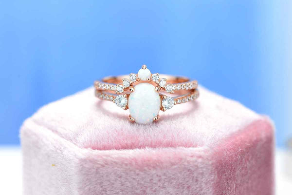 Rose Gold Plated Silver Dainty White Opal Ring Set, Oval Cut Vintage Opal Ring Set, Rose Gold Ring Unique Curved Ring Set