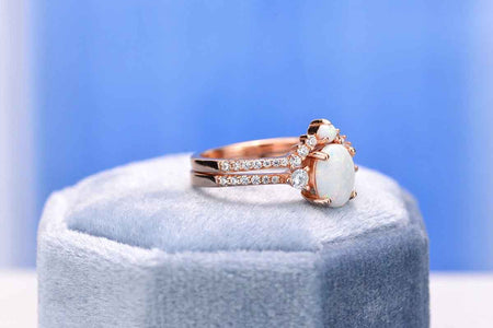 White Opal Ring Set, Oval Cut Vintage Opal Ring Set, Rose Gold Ring Unique Curved Ring Set