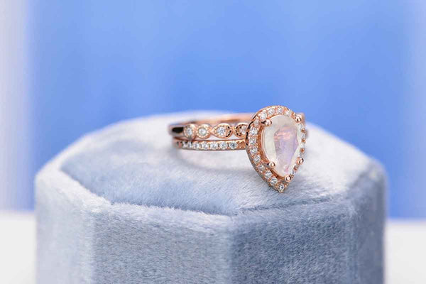 Rose Gold Plated Silver Dainty Natural Moonstone Ring Set, 2ct Pear Cut Moonstone Halo Ring Set, Rose Gold Ring Unique Curved Vintage Ring