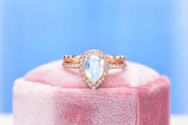 Rose Gold Plated Silver Dainty Natural Moonstone Ring Set, 2ct Pear Cut Moonstone Halo Ring Set, Rose Gold Ring Unique Curved Vintage Ring
