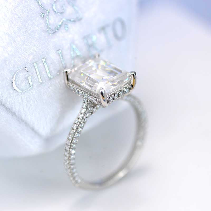 4 Carat Giliarto Emerald Cut Moissanite Hidden Halo Engagement Ring