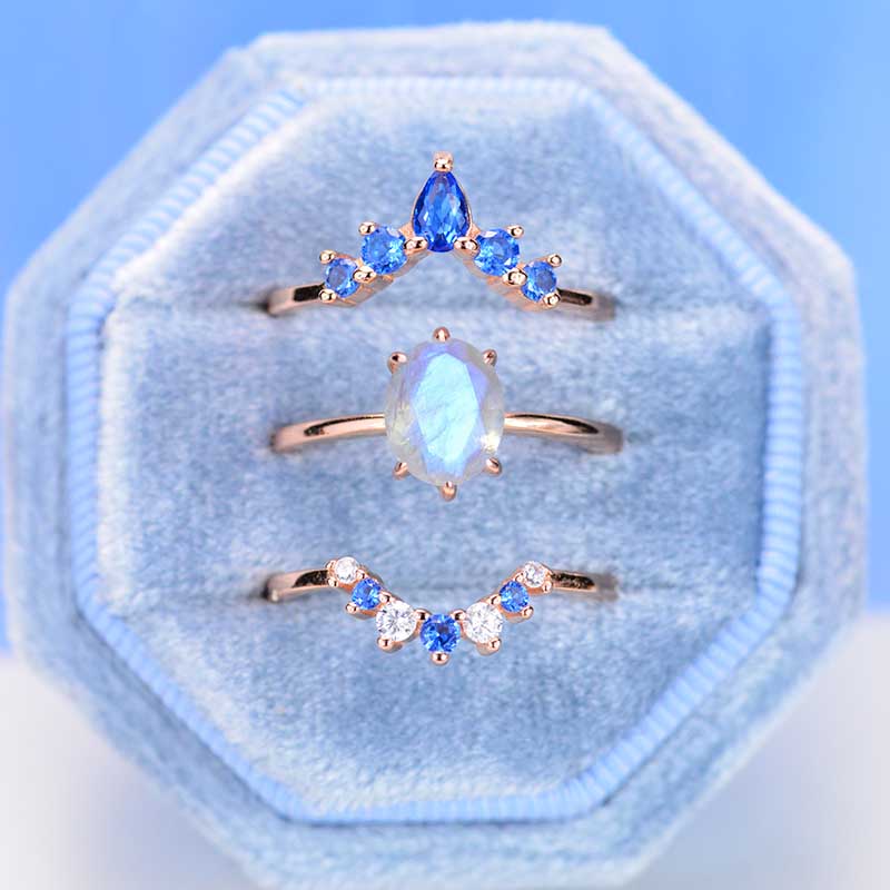 Oval Vintage  Moonstone Ring- Three Ring Set