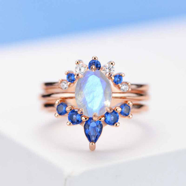 Oval Vintage  Moonstone Ring- Three Ring Set