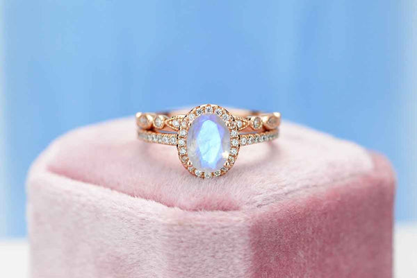 Rose Gold Plated Silver Dainty Natural Moonstone Ring Set, 2ct Oval Cut Moonstone Vintage Ring Set, Rose Gold Ring Unique Curved  Ring