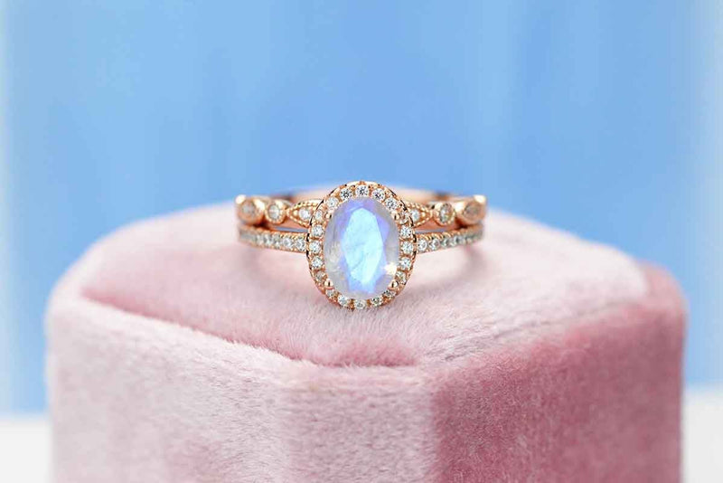 Rose Gold Plated Silver Dainty Natural Moonstone Ring Set, 2ct Oval Cut Moonstone Vintage Ring Set, Rose Gold Ring Unique Curved  Ring