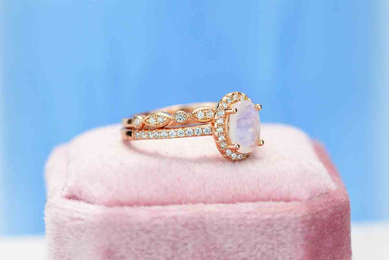 Rose Gold Plated Silver Dainty Natural Moonstone Ring Set, 2ct Oval Cut Moonstone Vintage Ring Set, Rose Gold Ring Unique Curved  Ring