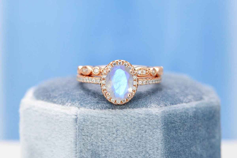Rose Gold Plated Silver Dainty Natural Moonstone Ring Set, 2ct Oval Cut Moonstone Vintage Ring Set, Rose Gold Ring Unique Curved  Ring