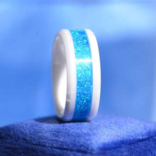 Load image into Gallery viewer, Australian Blue Fire Opal Ceramic Ring For Her For Him, Couples Promise Ring, Blue Opal White Ceramic Ring, Cool Opal Giliarto Ring For Him
