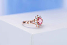 Load image into Gallery viewer, Rose Gold Plated Silver Dainty Pink Sapphire Ring, 1.5ct Oval Cut Vintage Rose Sapphire Ring , Rose Gold Floral Unique Oval Halo Ring

