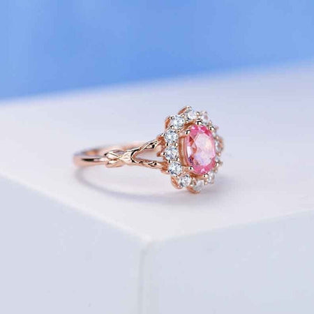 Rose Gold Plated Silver Dainty Pink Sapphire Ring, 1.5ct Oval Cut Vintage Rose Sapphire Ring , Rose Gold Floral Unique Oval Halo Ring