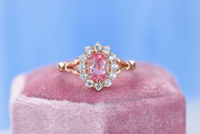 Load image into Gallery viewer, Rose Gold Plated Silver Dainty Pink Sapphire Ring, 1.5ct Oval Cut Vintage Rose Sapphire Ring , Rose Gold Floral Unique Oval Halo Ring
