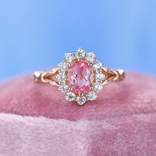 Load image into Gallery viewer, Rose Gold Plated Silver Dainty Pink Sapphire Ring, 1.5ct Oval Cut Vintage Rose Sapphire Ring , Rose Gold Floral Unique Oval Halo Ring
