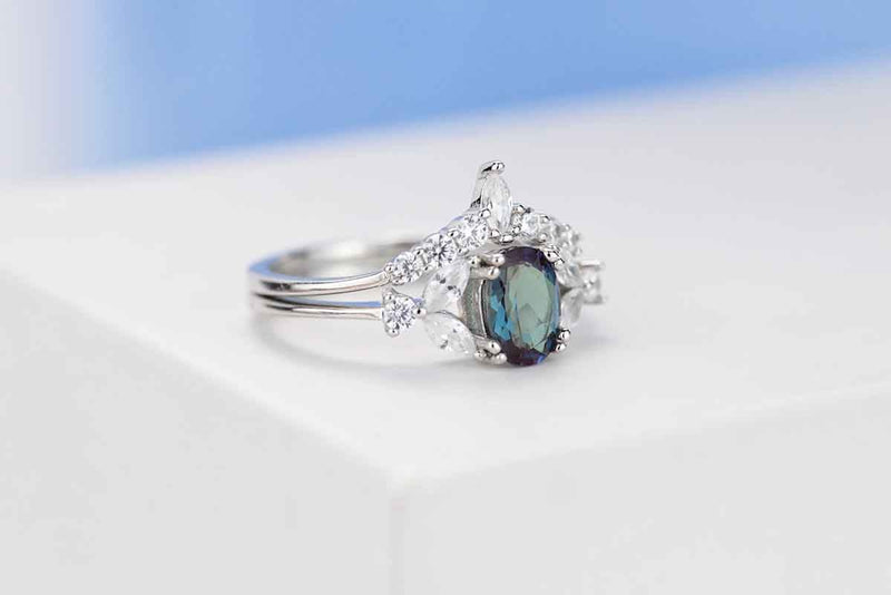 Rhodium Plated Silver Dainty Alexandrite Ring Set, 1.5ct Oval Cut Alexandrite Ring Set, Silver Ring Unique Curved Marquise Cut Ring Set