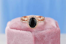 Load image into Gallery viewer, Rose Gold Plated Silver Dainty Natural Onyx Ring Set, 2ct Oval Cut Onyx Vintage Ring Set, Rose Gold Ring Unique Ring

