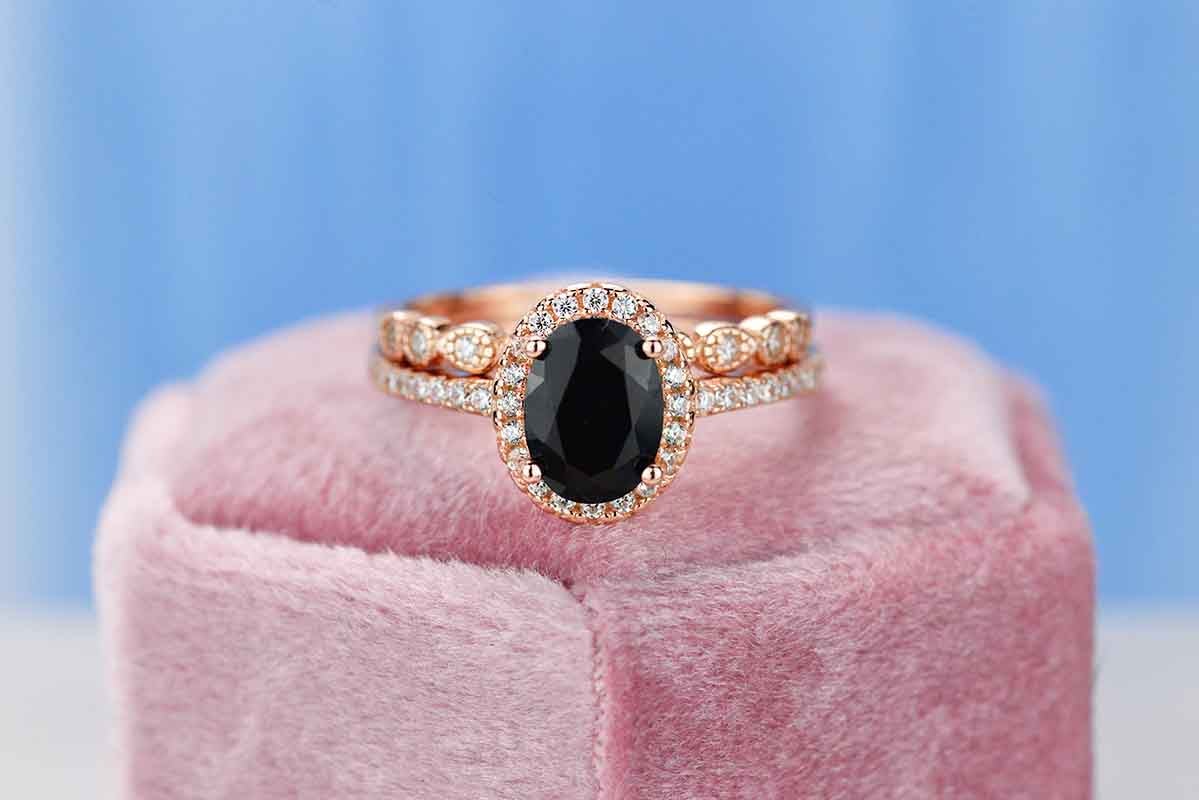 Rose Gold Plated Silver Dainty Natural Onyx Ring Set, 2ct Oval Cut Onyx Vintage Ring Set, Rose Gold Ring Unique Ring