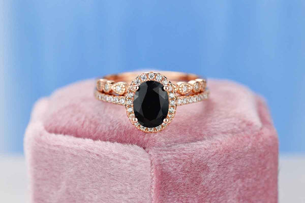 Rose Gold Plated Silver Dainty Natural Onyx Ring Set, 2ct Oval Cut Onyx Vintage Ring Set, Rose Gold Ring Unique Ring