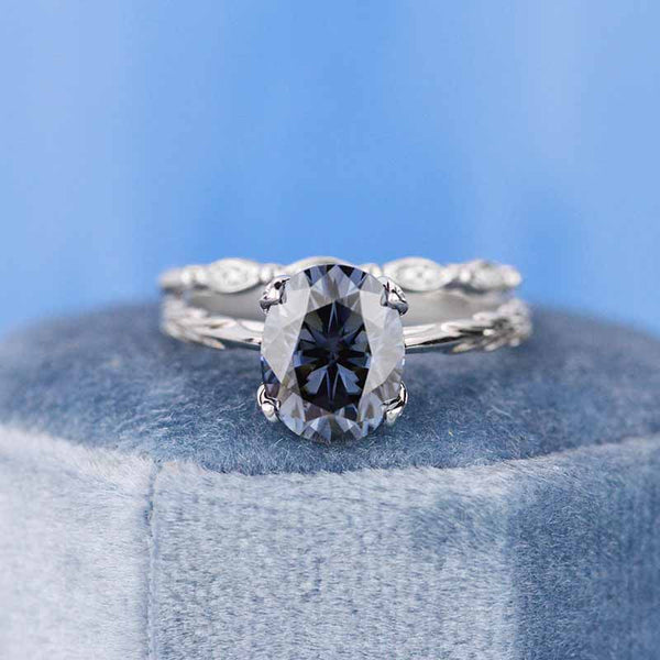 3 Carat Oval Gray Moissanite  Engagement Eternity Gold Rings Set