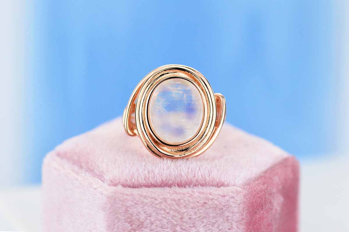 Rose Gold Plated Silver Dainty Natural Moonstone Ring Set,  Oval Cut Moonstone Vintage Ring,