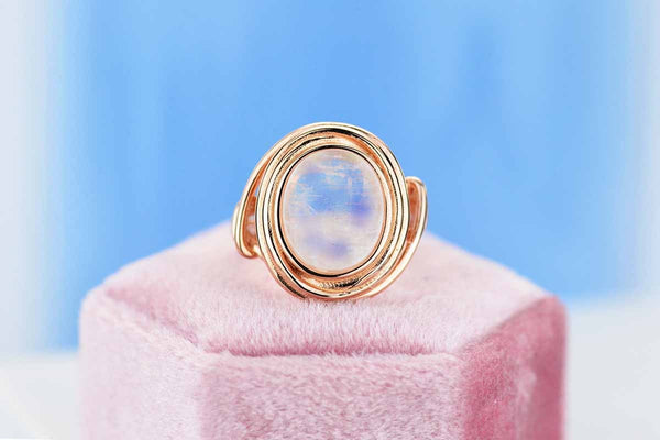 Rose Gold Plated Silver Dainty Natural Moonstone Ring Set,  Oval Cut Moonstone Vintage Ring,