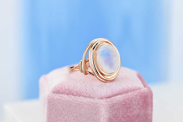 Rose Gold Plated Silver Dainty Natural Moonstone Ring Set,  Oval Cut Moonstone Vintage Ring,