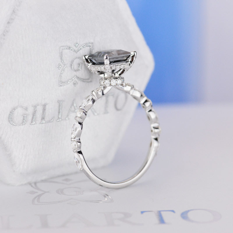 Dark Gray Blue Princess Cut Moissanite White Gold Giliarto Engagement Ring