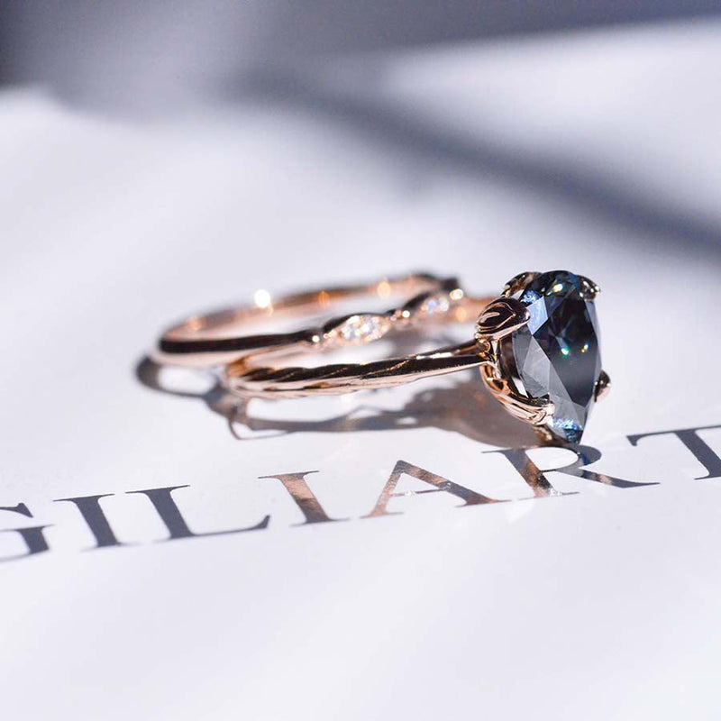 3 Carat Pear Shaped Dark Gray Blue Moissanite  Engagement Eternity Gold Ring Set
