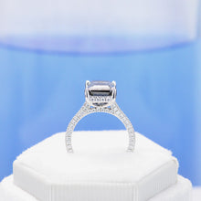 Load image into Gallery viewer, 4ct Emerald Cut Dark Gray-Blue Moissanite Engagement Ring, 4 Carat Emerald Cut 11x7mm Moissanite Engagement Ring, Hidden Halo Ring
