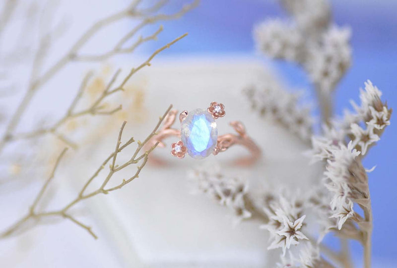 Dainty Natural Moonstone Leaf Ring, 2ct Oval Cut Twig Moonstone Ring, Rose Gold Ring Unique Curved Floral Ring