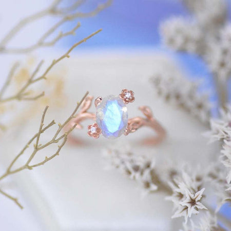 Rose Gold Dainty Natural Moonstone Leaf Ring, 2ct Oval Moonstone Twig Ring, Rose Gold Ring Unique Curved Vintage Floral Ring