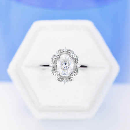 14K White Gold 2 Carat Oval  Moissanite Halo Vintage Engagement Ring