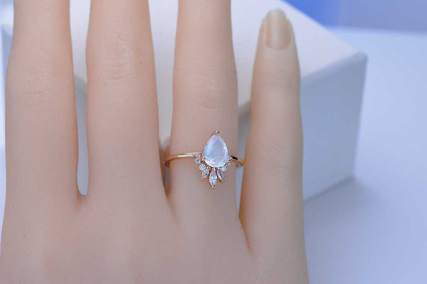 2ct Pear Cut Moonstone Ring, Rose Gold Ring Unique Curved Marquise Cut Ring