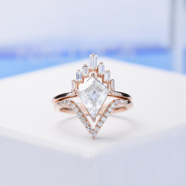 14K Rose Gold 3 Carat Kite Moissanite Halo Engagement Ring, Eternity Ring Set