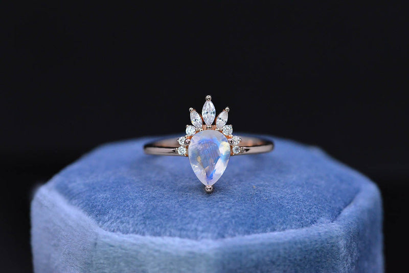 2ct Pear Cut Moonstone Ring, Rose Gold Ring Unique Curved Marquise Cut Ring