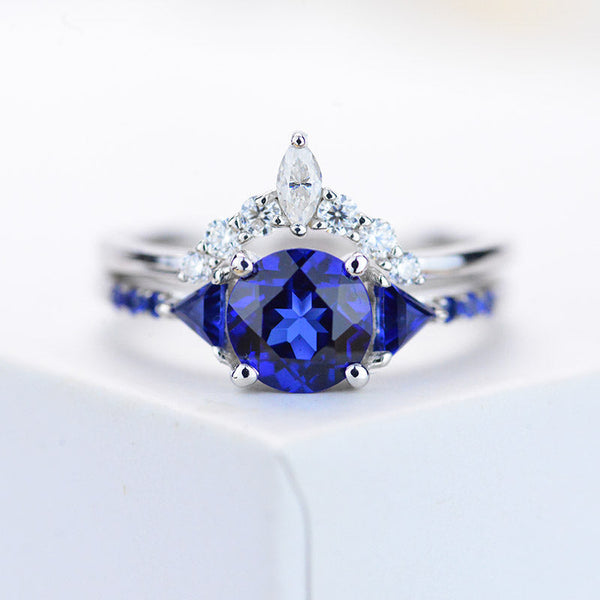 Sapphire Halo Gold Engagement Ring Set