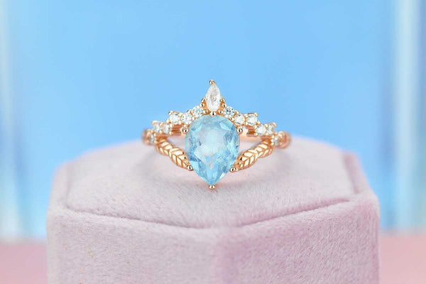 2ct Pear Cut Aquamarine Ring, Rose Gold Ring Unique Curved Marquise Cut Ring