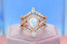 Load image into Gallery viewer, Luxury Natural Moonstone Ring Set, 2ct Pear Cut Moonstone Ring Set, Rose Gold Ring Unique Curved Marquise Cut Ring

