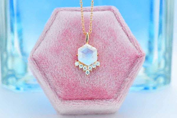 Genuine Hexagon Moonstone pendant necklace rose gold plated silver, Moonstone Necklace in Sterling Silver