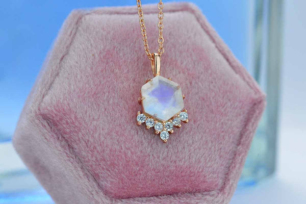 Genuine Hexagon Moonstone pendant necklace rose gold plated silver, Moonstone Necklace in Sterling Silver