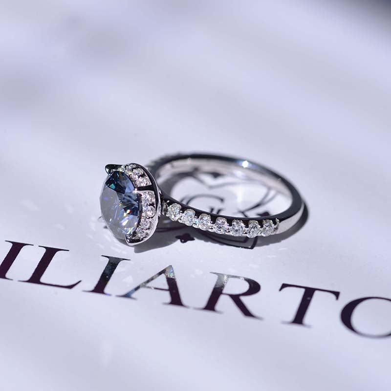 2 Carat Round Dark Grey Gray Blue Giliarto Moissanite Halo Gold Engagement Ring