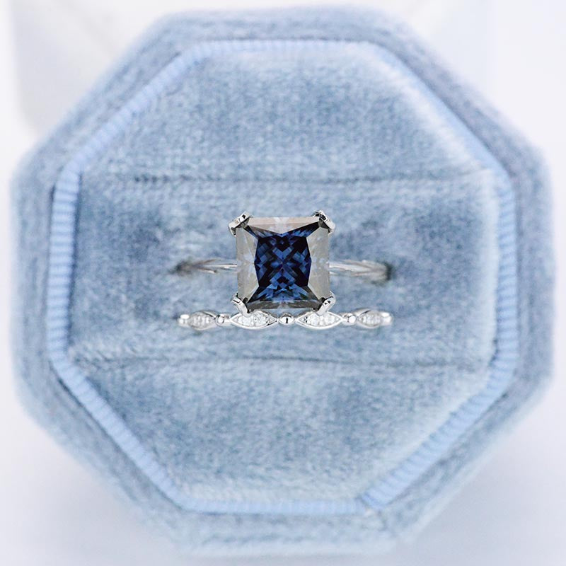 3 Carat Princess Cut Gray Moissanite  Engagement Eternity Gold Ring Set