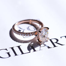 Load image into Gallery viewer, 3 Carat Moissanite Diamond Oval Cut Hidden Halo Rose Gold Engagement  Ring
