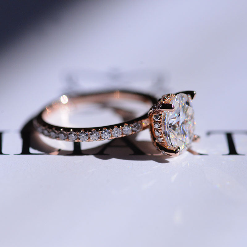 2 Carat Moissanite Diamond Oval Cut Hidden Halo Rose Gold Engagement  Ring