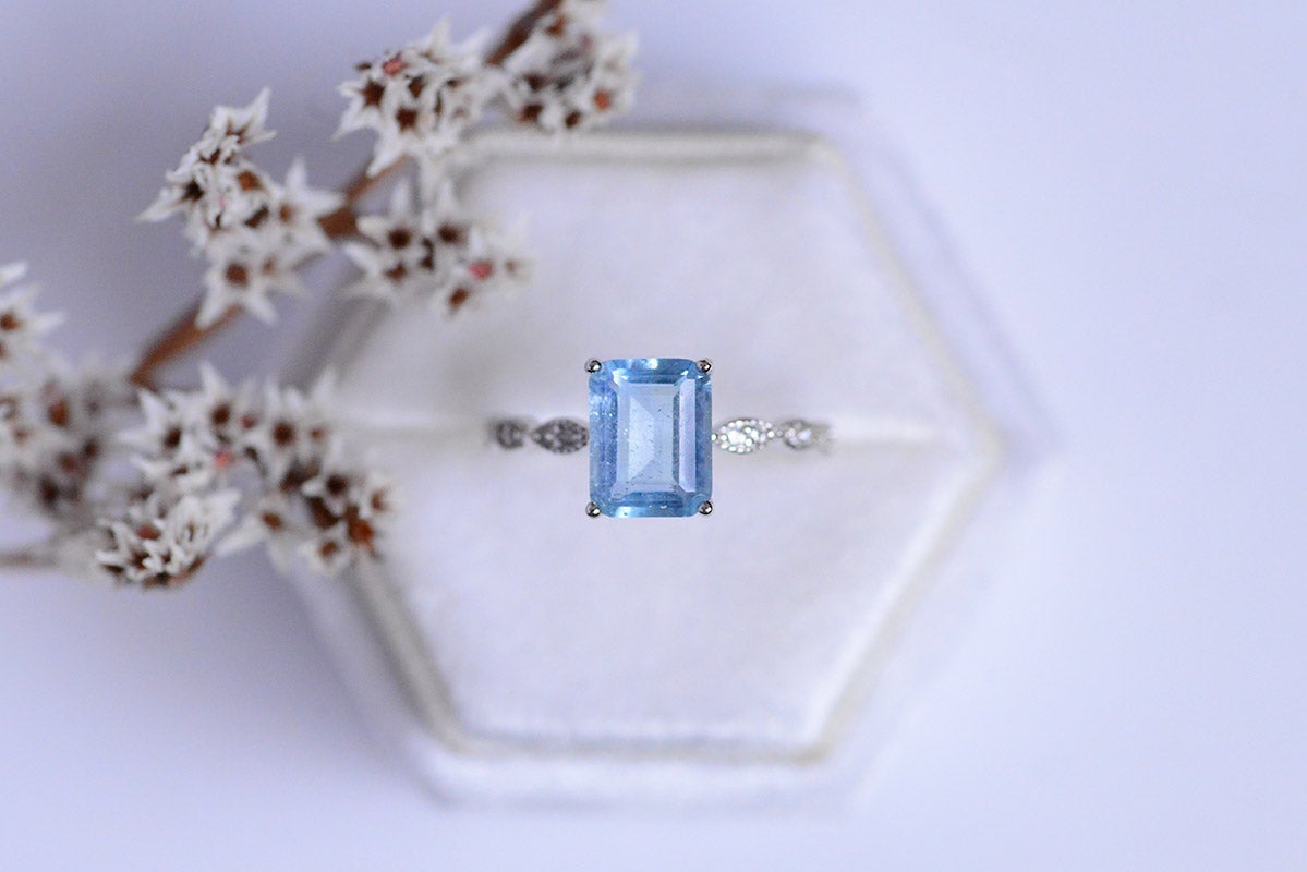 3ct Emerald Cut Genuine Aquamarine Vintage Style Ring