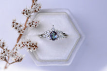 Load image into Gallery viewer, Rhodium Plated Silver Dainty Alexandrite Ring Set, 1ct Oval Cut Alexandrite Ring Set, Silver Ring Unique Curved Marquise Cut Ring Set
