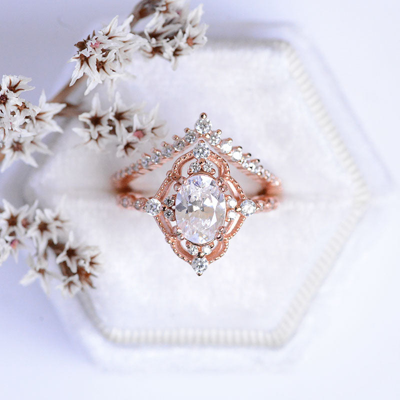14K Rose Gold Ring 2CT Oval Vintage Wedding Ring, Oval Moissanite Halo Engagement Ring Set