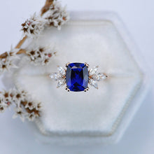 Load image into Gallery viewer, 2Ct Cushion Cut Sapphire Vintage Engagement Ring, Cushion Sapphire Engagement Ring, Marquise Side Accents Stones 14K Rose Gold Ring
