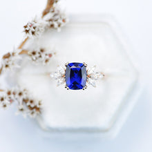 Load image into Gallery viewer, 2Ct Cushion Cut Sapphire Vintage Engagement Ring, Cushion Sapphire Engagement Ring, Marquise Side Accents Stones 14K Rose Gold Ring
