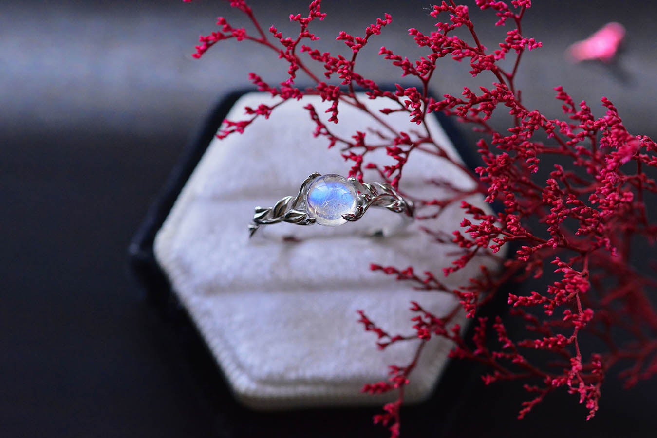 Silver Dainty Natural Moonstone Ring.  Round Moonstone Floral Ring